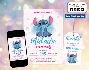 Plantilla de invitación de cumpleaños editable de Stitch, invitaciones de cumpleaños imprimibles, invitación digital para fiesta infantil, invitación digital, etiqueta de agradecimiento