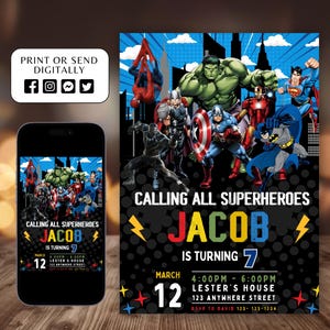 Faire-part d'anniversaire super-héros, décoration d'invitation de fête Avengers garçon, modèle modifiable imprimable, téléchargement numérique instantané, modifiable sur toile