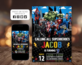 Superheld-Geburtstagseinladung, Boy Avengers Party Laden Dekoration ein, druckbare bearbeitbare Vorlage, digitaler Sofort-Download, Canva bearbeitbar