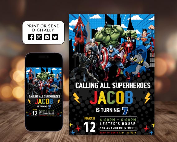 Superhero Birthday Invitation, Boy Avengers Party Invite Decoration, Printable Editable Template, Digital Instant Download, Canva Editable