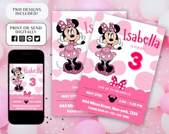 OH TWODLES, Minnie Maus Geburtstag einladen, Mädchen Geburtstag einladen, digitaler Download, Minnie einladen, bearbeitbare rosa Minnie Maus einladen