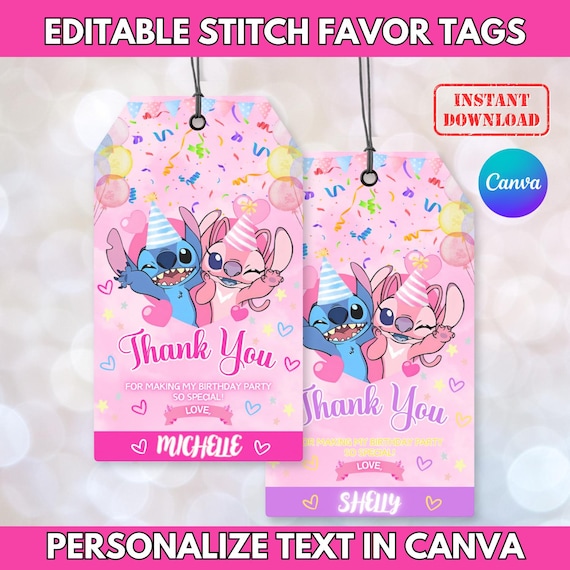 Stitch Birthday Party Favor Tag, Customizable Stitch Theme Thank You Tag, Stitch Invitation, Stitch Birthday Party, Canva Editable