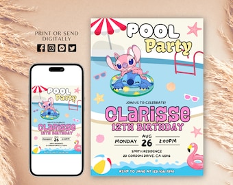Stich Pool-Party-Geburtstags-Einladung, druckbare Mädchen Stich und Angel Pool Einladung, Mädchen-Kinder-Geburtstag einladen, Hawaii-Mädchen-Party