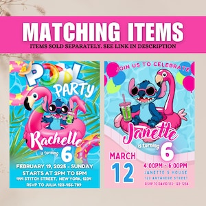 May include: Two party invitations with a pink flamingo float and a blue cartoon character. The invitations have the text "Pool Party" and "Join us to Celebrate". The invitations include party details such as date, time, and location.