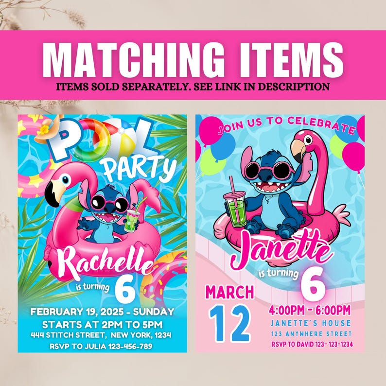 May include: Two party invitations with a pink flamingo float and a blue cartoon character. The invitations have the text "Pool Party" and "Join us to Celebrate". The invitations include party details such as date, time, and location.