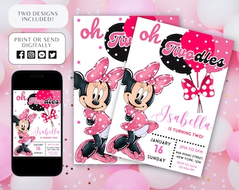 Minnie Mouse Geburtstagseinladung, Minnie Mouse Geburtstagseinladung Vorlage zum ausdrucken, Minnie Mouse Einladung Digital bearbeitbar in Canva