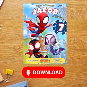 May include: A birthday invitation featuring three cartoon Spider-Man characters. The invitation is for Jacob's 7th birthday party. The text on the invitation reads "Join us to celebrate Jacob is turning 7. Wednesday, December 10, 3:00-5:00 PM, 134 Anywhere Street, Seaside Drive NY."