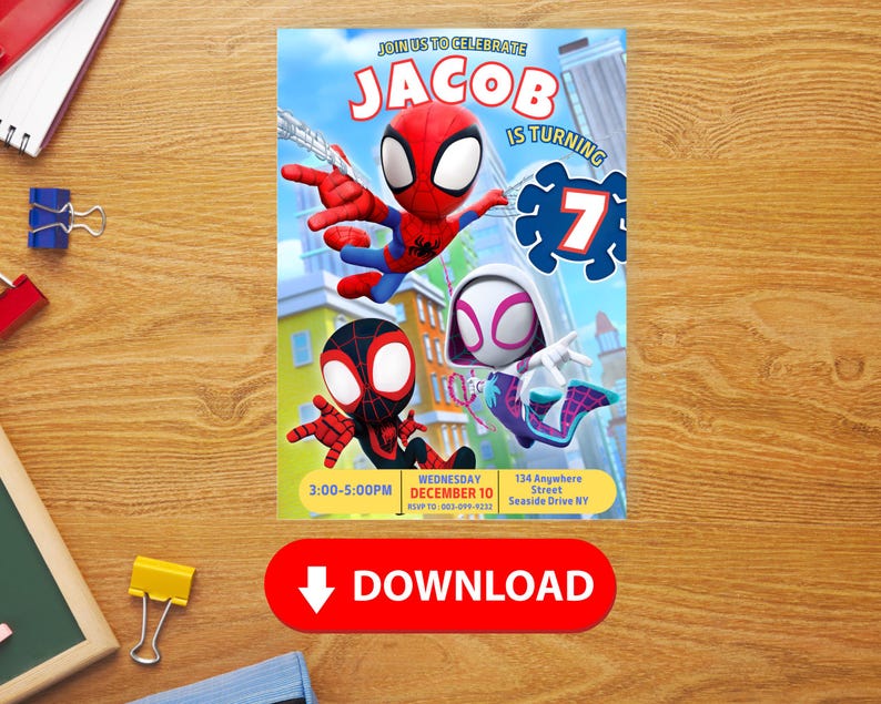May include: A birthday invitation featuring three cartoon Spider-Man characters. The invitation is for Jacob's 7th birthday party. The text on the invitation reads "Join us to celebrate Jacob is turning 7. Wednesday, December 10, 3:00-5:00 PM, 134 Anywhere Street, Seaside Drive NY."