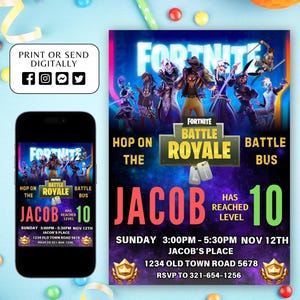 Bewerkbare Fort-game verjaardagsuitnodiging, Fort Night sjabloon verjaardagsfeestje videogame verjaardagsuitnodiging downloaden, Battle Royale-uitnodiging