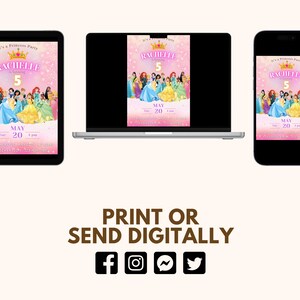 May include: A pink and white printable invitation for a princess party. The invitation features a crown, the name "RACHELLE", the number "5", and a group of Disney princesses. The text on the invitation reads "It's a Princess Party" and "May 20".