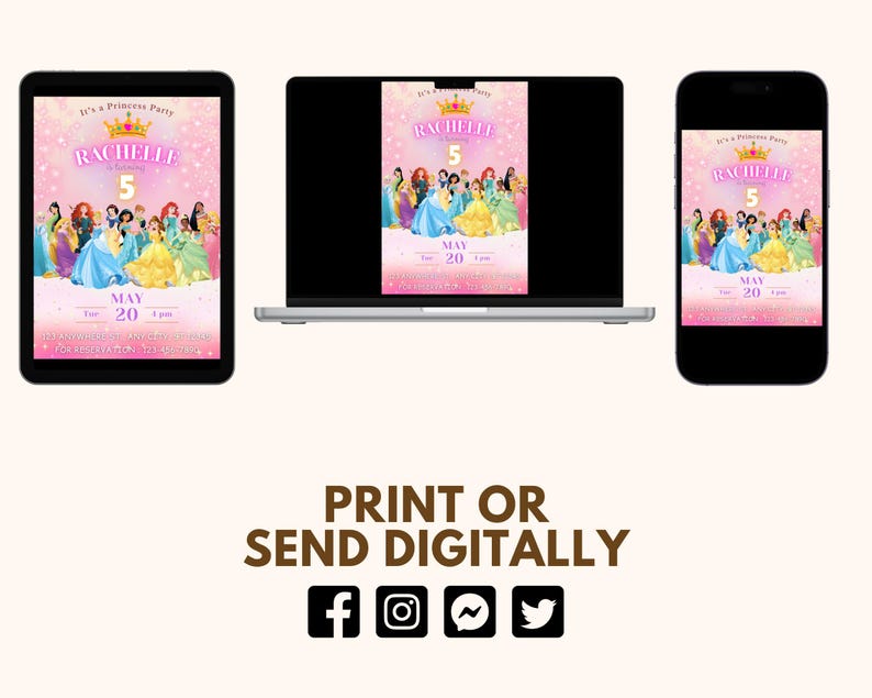 May include: A pink and white printable invitation for a princess party. The invitation features a crown, the name "RACHELLE", the number "5", and a group of Disney princesses. The text on the invitation reads "It's a Princess Party" and "May 20".