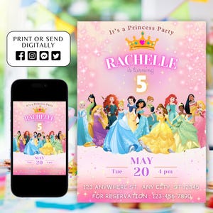 Faire-part d'anniversaire princesse, invitation princesse, invitation fête princesse, thème princesses fille inviter téléchargement numérique modifiable