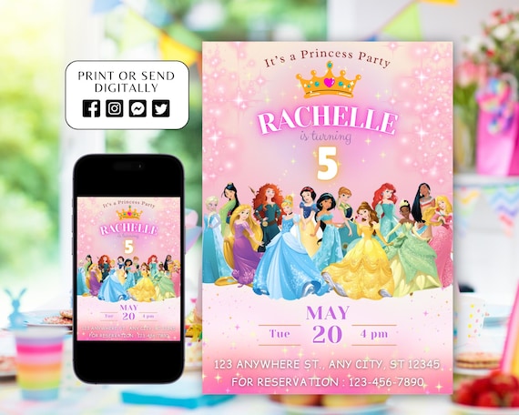 Princess Birthday Invitation, Princess Invitation, Princess Party Invitation, Girl Princesses Theme Invite Digital Editable Instant download