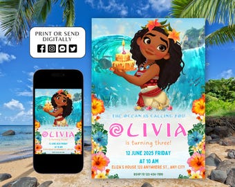 Bearbeitbare Moana-Geburtstagseinladung, digitale hawaiianische Moana-Geburtstagseinladung, Kinder-Thema-Partyeinladung, digitale Moana-Strandvorlage, Canva
