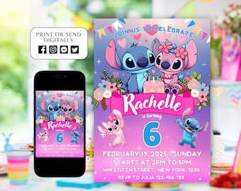 Stitch bearbeitbare Geburtstagseinladungsvorlage, druckbare Geburtstagseinladungen, digitale Kinderparty einladen, digitale Geburtstagskarte einladen, Stitch