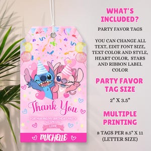 May include: Pink party favor tag featuring cartoon characters Stitch and Angel. The tag includes the text "Thank You" and "Michelle". The tag size is 2" x 3.5".