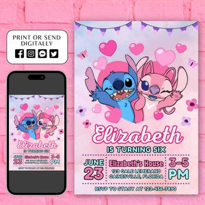 Invitación de cumpleaños de Stitch, invitación imprimible de Lilo y Stitch, invitación de cumpleaños de ángel de Stitch para niños, cumpleaños de Aloha Stitch, plantilla de Canva