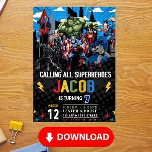 May include: A superhero-themed birthday party invitation with a black background and colorful text. The invitation says "Calling all superheroes Jacob is turning 7" with a date of March 12th and a time of 4:00pm to 6:00pm. The invitation also includes the address and RSVP information.