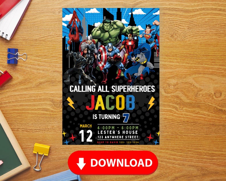 May include: A superhero-themed birthday party invitation with a black background and colorful text. The invitation says "Calling all superheroes Jacob is turning 7" with a date of March 12th and a time of 4:00pm to 6:00pm. The invitation also includes the address and RSVP information.