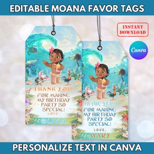 Etiqueta de lembrancinha de aniversário Baby Moana, etiqueta de agradecimento com tema Baby Moana personalizável, convite Baby Moana, etiqueta de presente Moana, Canva editável