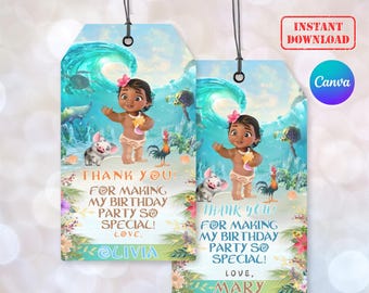 Baby Moana Birthday Party Favor Tag, Customizable Baby Moana Theme Thank You Tag, Baby Moana Invitation, Moana Gift tag, Canva Editable