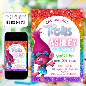 Convite de aniversário para imprimir, Convite de trolls editável, Aniversário de menina, Convite eletrônico, Modelo de convite de papoula, Festa de trolls, Canva