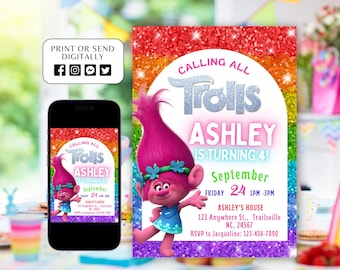 Invitación de cumpleaños imprimible, invitación editable de Trolls, cumpleaños de niña, invitación electrónica, plantilla de invitación de amapola, fiesta de Trolls, Canva