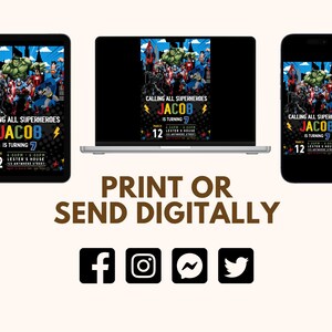 May include: A digital invitation for a superhero themed birthday party. The invitation features a black background with colorful text and images of superheroes. The text reads "Calling all superheroes Jacob is turning 7" with a date and time.