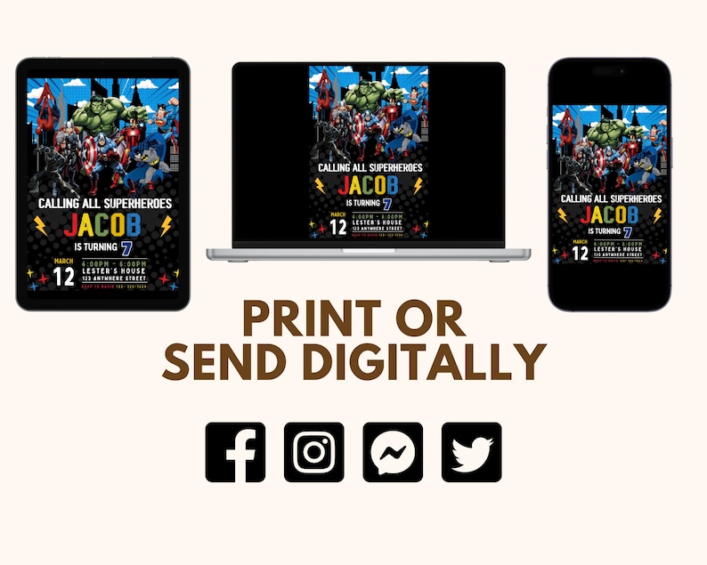 May include: A digital invitation for a superhero themed birthday party. The invitation features a black background with colorful text and images of superheroes. The text reads "Calling all superheroes Jacob is turning 7" with a date and time.