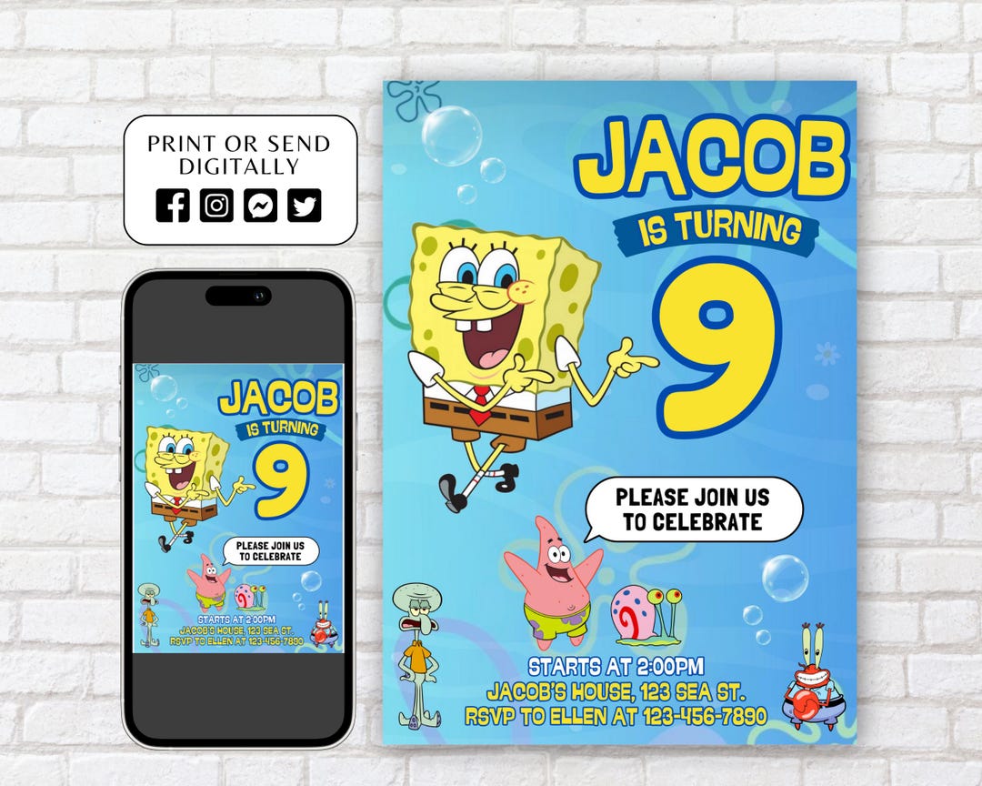 Editable Sponge Bob Birthday Invitation, Printable Spongebob Invitation, Kids Cartoon Birthday ...