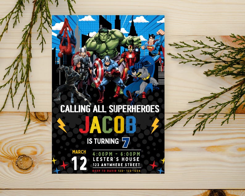 May include: A superhero-themed birthday party invitation for a boy named Jacob turning 7. The invitation features a black background with colorful text and images of superheroes like Spiderman, Hulk, Iron Man, and Batman.