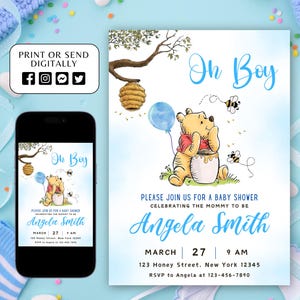 Invito modificabile per baby shower Winnie the Pooh, invito digitale Oh Boy, invito blu Winnie the Pooh, modello stampabile Pooh