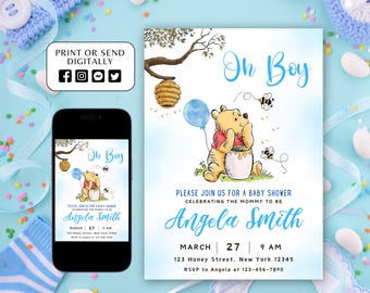 Editable Winnie the Pooh Baby Shower Invitation, Digital Invitation Oh Boy, Blue Winnie The Pooh Invitation, Pooh Printable Template