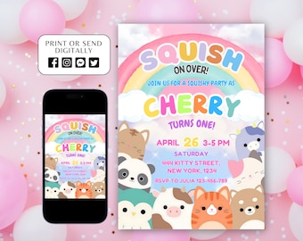 Invitación de cumpleaños editable de Squishmallow, invitación de Squishmallow, imprimible para fiesta de cumpleaños de Squishmallow, invitación digital, plantilla de Canva