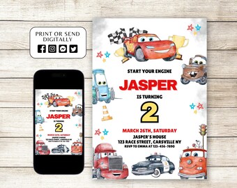 Bearbeitbare Cars-Geburtstagsfeier-Einladung, Cars Lightning-Geburtstags-Einladung, McQueen-Geburtstagsfeier-Einladung, Rennauto-Einladung, Oh twodles