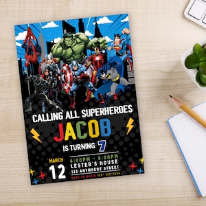 May include: A superhero-themed birthday party invitation with a black background and colorful polka dots. The invitation features a group of superheroes, including Spiderman, Hulk, Iron Man, Captain America, and Batman. The text reads "Calling all superheroes Jacob is turning 7 March 12 4:00PM - 6:00PM Lester's House 123 Anywhere Street RSVP to David 123-123-1234".