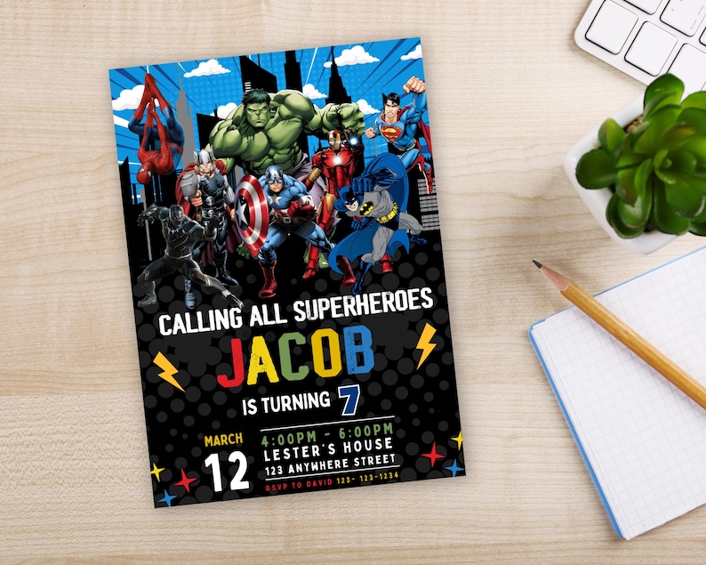 May include: A superhero-themed birthday party invitation with a black background and colorful polka dots. The invitation features a group of superheroes, including Spiderman, Hulk, Iron Man, Captain America, and Batman. The text reads "Calling all superheroes Jacob is turning 7 March 12 4:00PM - 6:00PM Lester's House 123 Anywhere Street RSVP to David 123-123-1234".