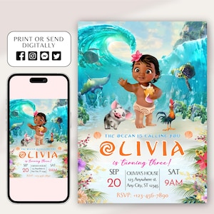 May include: A digital invitation for a birthday party with a Moana theme. The invitation features a cartoon image of Moana, a pig, and a rooster. The text on the invitation reads "The ocean is calling you Olivia is turning three!" and includes the date, time, and location of the party.