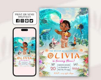Invitación de cumpleaños de Baby Moana, invitación de cumpleaños digital editable de Moana hawaiana, invitación para fiesta temática infantil, plantilla digital de Baby Moana