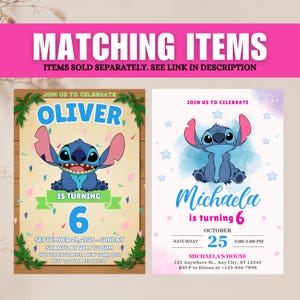 May include: Two birthday party invitations featuring the character Stitch. One invitation is for Oliver's 6th birthday, with details including the date, time, and location. The other invitation is for Michaela's 6th birthday, with similar details.