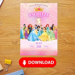 May include: A pink and purple princess-themed birthday party invitation with a crown and the text "It's a Princess Party" and "Rachelle is turning 5". The invitation features a group of Disney princesses in their iconic dresses.