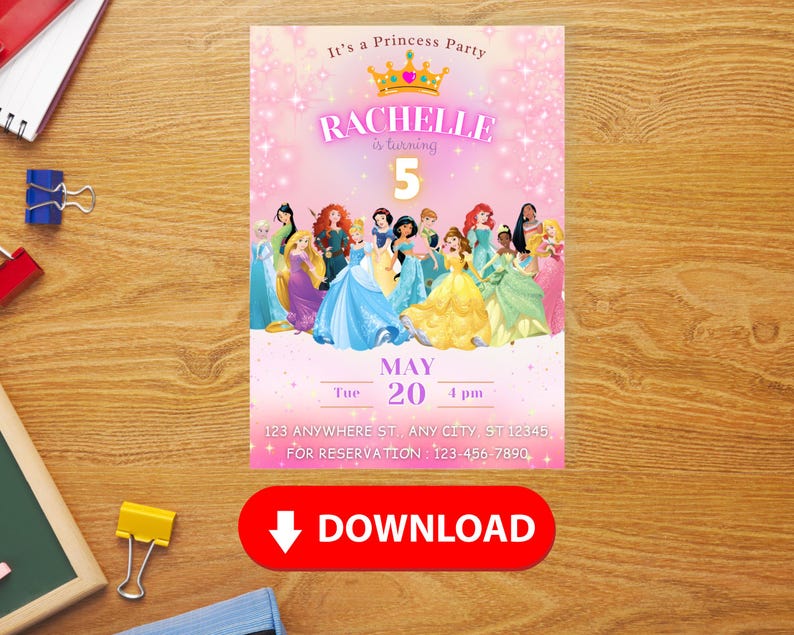 May include: A pink and purple princess-themed birthday party invitation with a crown and the text "It's a Princess Party" and "Rachelle is turning 5". The invitation features a group of Disney princesses in their iconic dresses.
