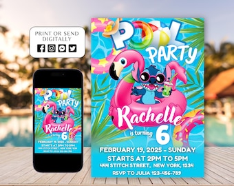 May include: A blue and white cartoon character, Stitch, is riding a pink inflatable flamingo pool float. The text "Pool Party" is at the top of the invitation. The invitation is for a 6th birthday party for Rachelle. The date and time of the party are listed on the invitation. The address and RSVP information are also included.