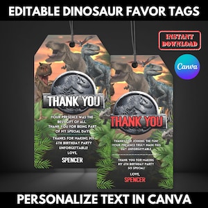 Etiqueta de lembrancinha para festa do World Dinosaur Park, etiqueta de agradecimento com tema World Dinosaur personalizável, convite para festa T-Rex, convite de aniversário do Dinosaur Park