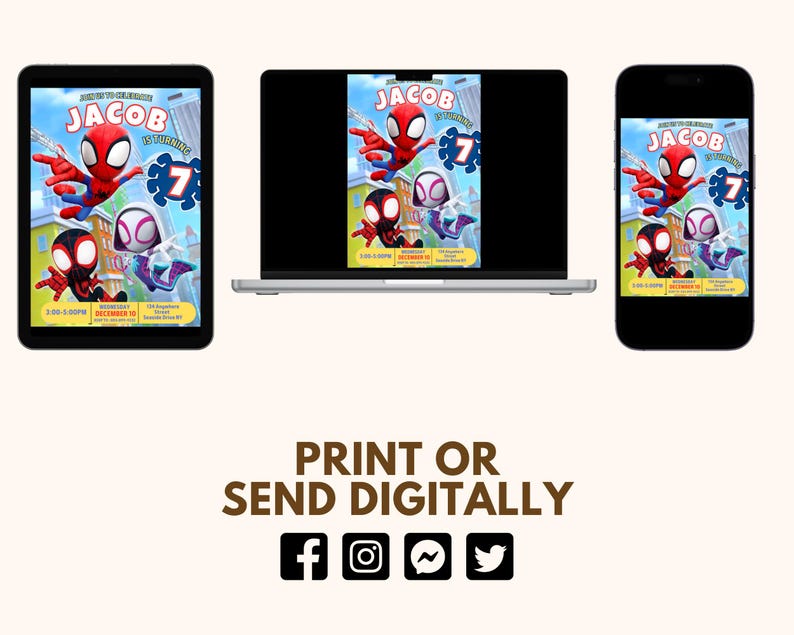 May include: A digital invitation for a birthday party featuring Spider-Man and Spider-Gwen. The invitation is in a blue and red color scheme with a cityscape background. The text on the invitation reads "Join us to celebrate Jacob is turning 7".
