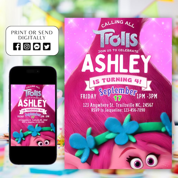 Trolls invitation, Trolls Birthday Invite Printable, Trolls Craziest Party Birthday Invitation, Digital Trolls Party Editable Template Canva