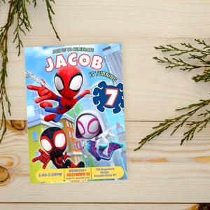 May include: A birthday invitation featuring a cartoon image of Spider-Man, Spider-Gwen, and Miles Morales. The invitation is for Jacob's 7th birthday party. The text on the invitation reads "Join us to celebrate Jacob is turning 7. Wednesday, December 10, 3:00-5:00 PM. 134 Anywhere Street, Seaside Drive NY."