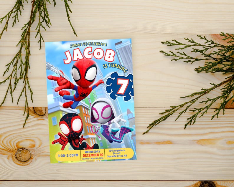 May include: A birthday invitation featuring a cartoon image of Spider-Man, Spider-Gwen, and Miles Morales. The invitation is for Jacob's 7th birthday party. The text on the invitation reads "Join us to celebrate Jacob is turning 7. Wednesday, December 10, 3:00-5:00 PM. 134 Anywhere Street, Seaside Drive NY."