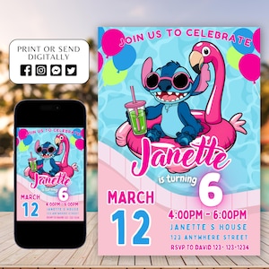Modèle d'invitation d'anniversaire modifiable Stitch, invitation d'anniversaire imprimable piscine Stitch, invitation de fête numérique pour enfants, carte d'anniversaire numérique d'invitation