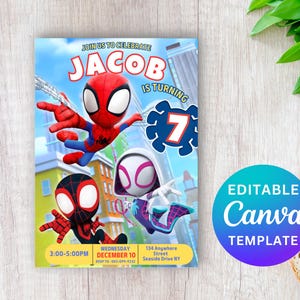 May include: Editable Canva template for a Spiderman birthday party invitation. The invitation features a red and blue Spiderman, a black and red Spiderman, and a white and black Spiderman. The text on the invitation says "Join us to celebrate Jacob is turning 7".